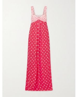 Saloni Chani Pleated Polka-Dot Crepon-Trimmed Silk-Chiffon Midi Dress - Pink