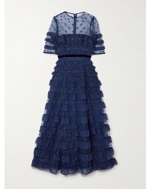 Costarellos Midikleid Aus Chiffon Und Point D'Esprit Mit Samtbesätzen Und Rüschen - Blau