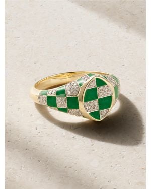 Yvonne Léon Baby Chevalière Marquise 9-Karat And, Enamel And Diamond Signet Ring - Green