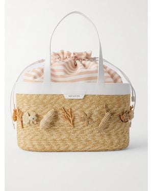 Aquazzura Marea Leather-Trimmed Embellished Raffia And Striped Gabardine Tote - Natural