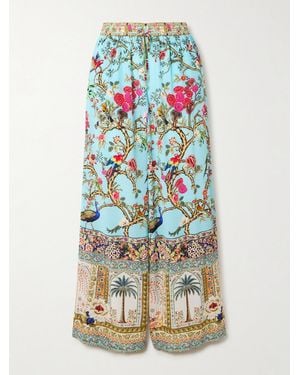 CAMILLA Printed Silk-Satin Wide-Leg Pants - Blue