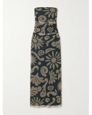 Cala De La Cruz Daphne Ruched Printed Mesh Midi Dress - Black