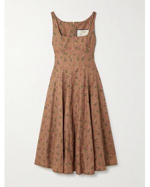 Agua Bendita Frontera Bead-Embellished Floral-Print Cotton Midi Dress - Brown