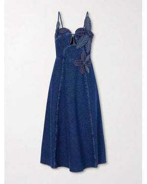 FARM Rio Floral-Appliquéd Denim Midi Dress - Blue