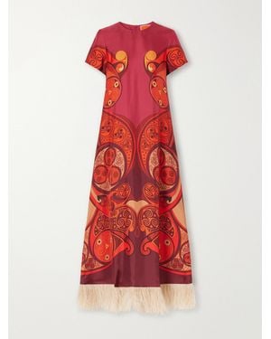 La DoubleJ Swing Feather-Trimmed Printed Silk-Twill Maxi Dress - Red