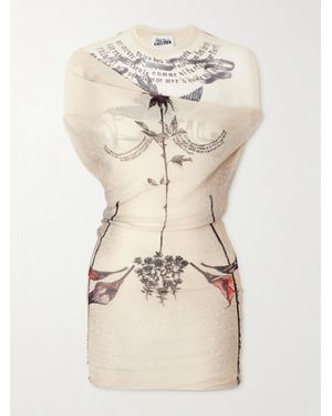 Jean Paul Gaultier Tattoo Rose & Bird Printed Mesh Halterneck Mini Dress - Natural