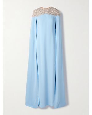 Oscar de la Renta Cape-Effect Embellished Tulle-Trimmed Silk-Blend Georgette Gown - Blue
