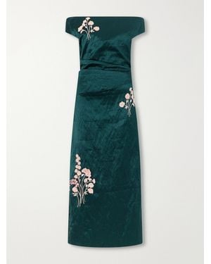 Erdem Floral-Embroidered Satin Midi Dress - Green