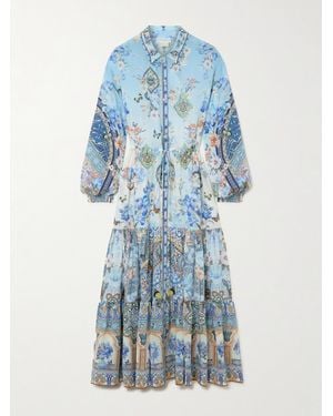 CAMILLA Tiered Embellished Printed Silk-Crepe Maxi Shirt Dress - Blue
