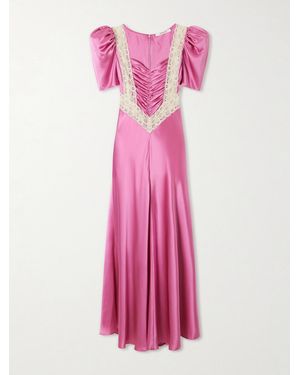 Rodarte Ruched Embroidered Lace-Trimmed Silk-Twill Maxi Dress - Pink