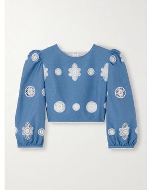 Borgo De Nor Crocheted Lace-Trimmed Chambray Top - Blue