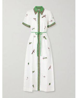 ALÉMAIS Wanda Belted Embroidered Linen Midi Shirt Dress - Natural