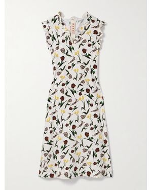 Marni Ruffled Printed Crepe Midi Dress - White