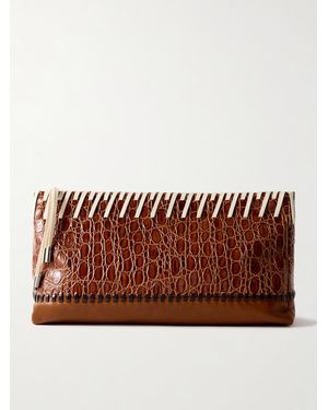 Dries Van Noten Panelled Whipstitched Croc-Effect And Smooth Leather Clutch - Brown