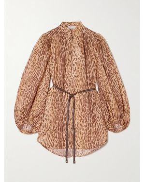 Zimmermann Cascadian Tunika Aus Baumwoll-Voile Mit Leopardenprint Und Bindegürtel - Natur
