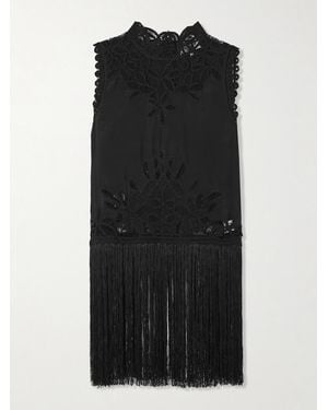 Sea Adelina Tie-Side Fringed Lace-Paneled Woven Top - Black