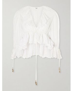 Chloé Cropped Embellished Ruffled Broderie Anglaise Cotton-Blend Top - White