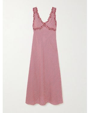 Loretta Caponi Albina Corded Lace-Trimmed Pleated Striped Satin Chemise - Pink