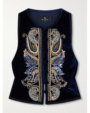 Etro Embroidered Embellished Velvet Vest - Blue