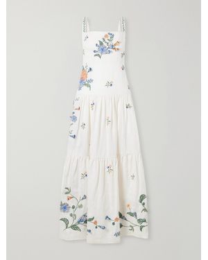 Agua Bendita Lima Brisa Floral-Embroidered Linen Maxi Dress - White