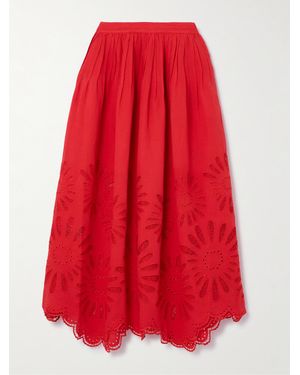 Ulla Johnson Annisa Pleated Broderie Anglaise Linen And Cotton-Blend Midi Skirt - Red
