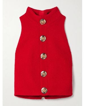 Balmain Cropped Button-Embellished Wool-Blend Bouclé Top - Red