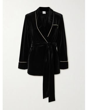 Loretta Caponi Nora Satin-Trimmed Velvet Robe - Black