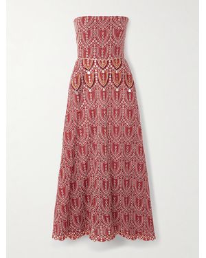 Johanna Ortiz Bengala Strapless Embellished Broderie Anglaise Maxi Dress - Red