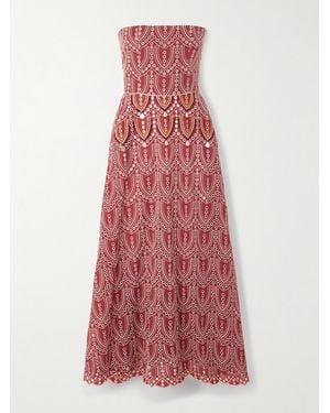 Johanna Ortiz Bengala Strapless Embellished Broderie Anglaise Maxi Dress - Red