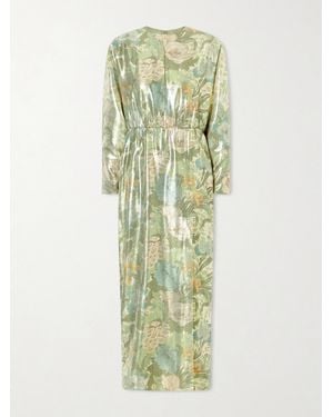 Valentino Garavani Cut-Out Floral-Print Silk-Blend Lamé Midi Dress - Green