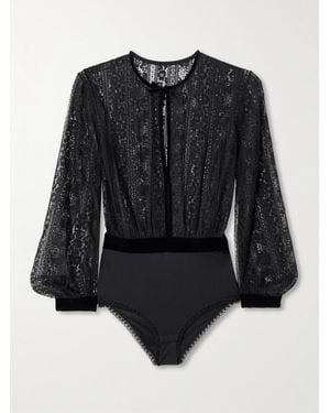 Eres Voltige Velvet-Trimmed Leavers Lace And Jersey Bodysuit - Black