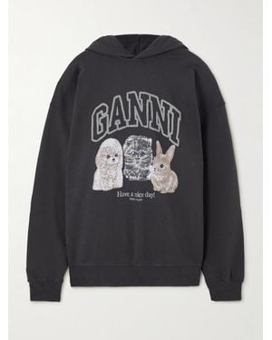 Ganni Sweat À Capuche Oversize En Jersey De Coton Biologique Imprimé - Noir