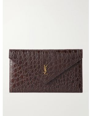 Saint Laurent Paris Logo-Detailed Croc-Effect Leather Clutch - Brown