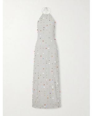 BERNADETTE Francine Pearl-Embellished Crinkled-Shell Halterneck Dress - White