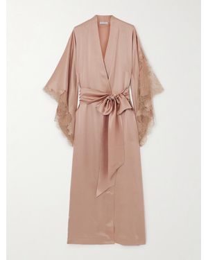 Carine Gilson Belted Lace-Trimmed Silk-Satin Robe - Pink