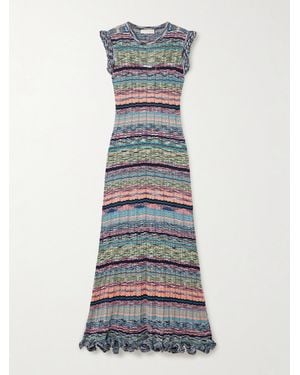 Ulla Johnson Ajak Ruffled Striped Ribbed-Knit Midi Dress - Blue