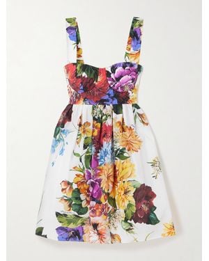 Dolce & Gabbana Mini-Bustierkleid Aus Baumwollpopeline Mit Blumenprint Und Raffungen - Weiß