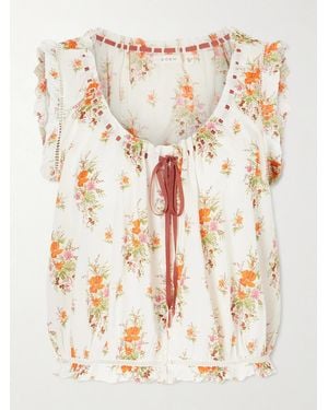 Doen Traveler Embroidered Floral-Print Organic Cotton Blouse - Natural
