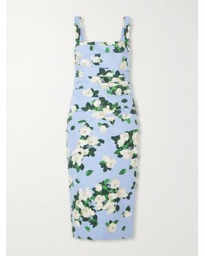 Carolina Herrera Floral-Print Draped Cotton-Blend Faille Midi Dress - Blue