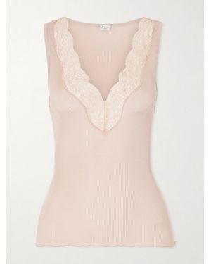 Saint Laurent Lace-Trimmed Ribbed Silk-Jersey Tank - Natural