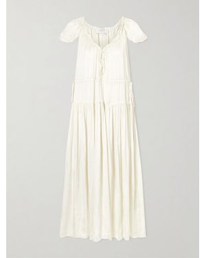La Ligne Pintucked Ruffled Satin Midi Dress - White