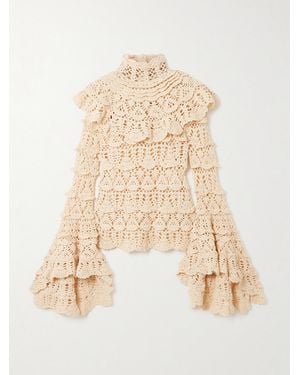 Zimmermann Hypnotic Tiered Crocheted Cotton Turtleneck Top - Natural