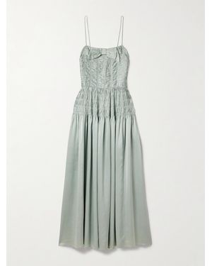 Doen Ambrosia Bow-detailed Shirred Silk-satin Midi Dress - White