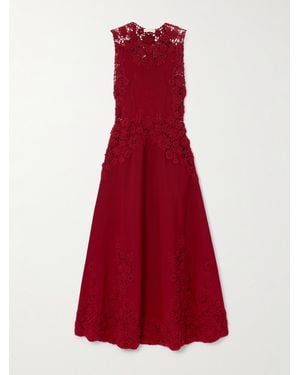 Ulla Johnson Genoveva Crocheted Lace-Trimmed Cotton-Blend Midi Dress - Red