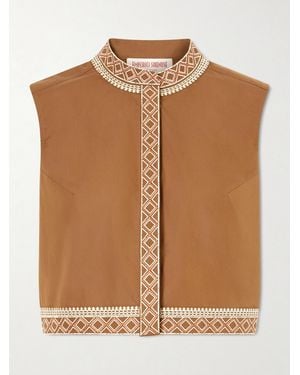 Emporio Sirenuse Andorra Cropped Embroidered Lace-Trimmed Cotton-Blend Poplin Top - Brown