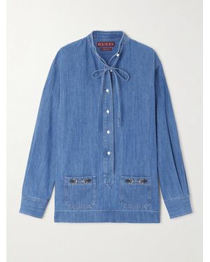 Gucci Tie-Neck Horsebit-Embellished Denim Shirt - Blue