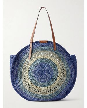 Anya Hindmarch Bow Leather-Trimmed Embroidered Raffia Tote - Blue