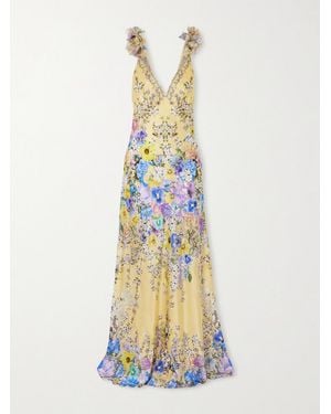 CAMILLA Appliquéd Embellished Floral-Print Silk-Satin Maxi Dress - Metallic