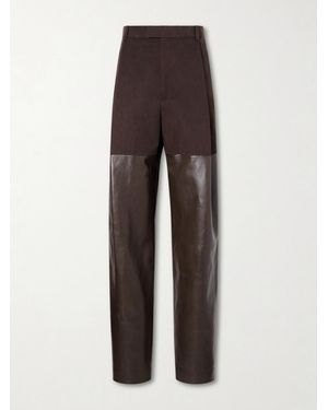 Bottega Veneta Leather-Trimmed Cotton Straight-Leg Trousers - Brown