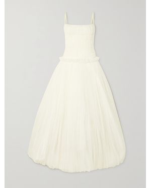 Danielle Frankel Guinevere Shirred Grosgrain-Trimmed Tulle Gown - Natural